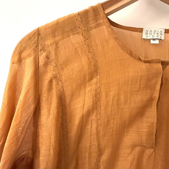 Nadia Boyer Vidal Women XL Embroidered Split Neck Tunic Dress Carmel Long Sleeve - Picture 4 of 13